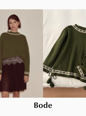 CETTCE 现货 Bode 花卉提花费尔岛流苏绑带绿色羊毛针织衫毛衣