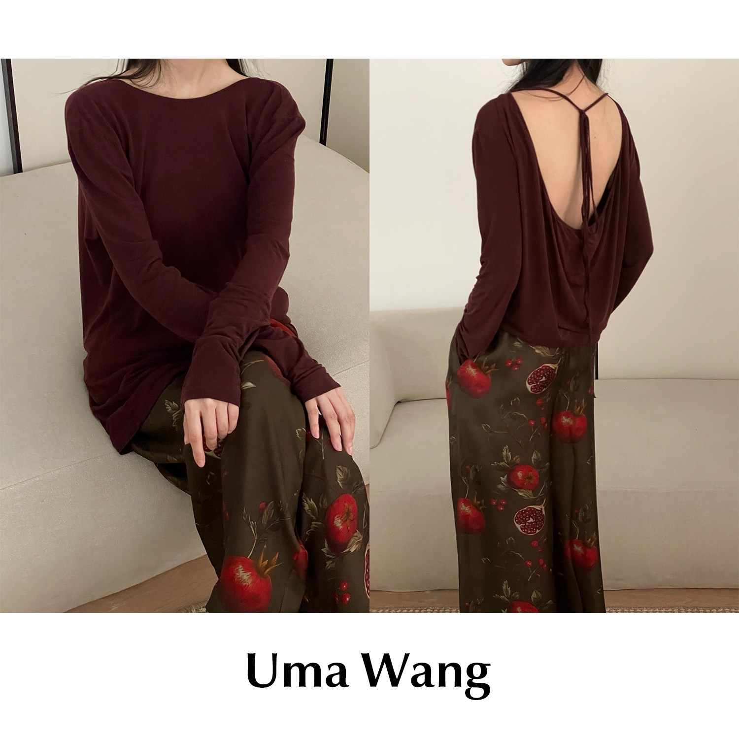 CETTCE 现货 Uma Wang 圆领露背系带莫代尔长袖上衣T恤