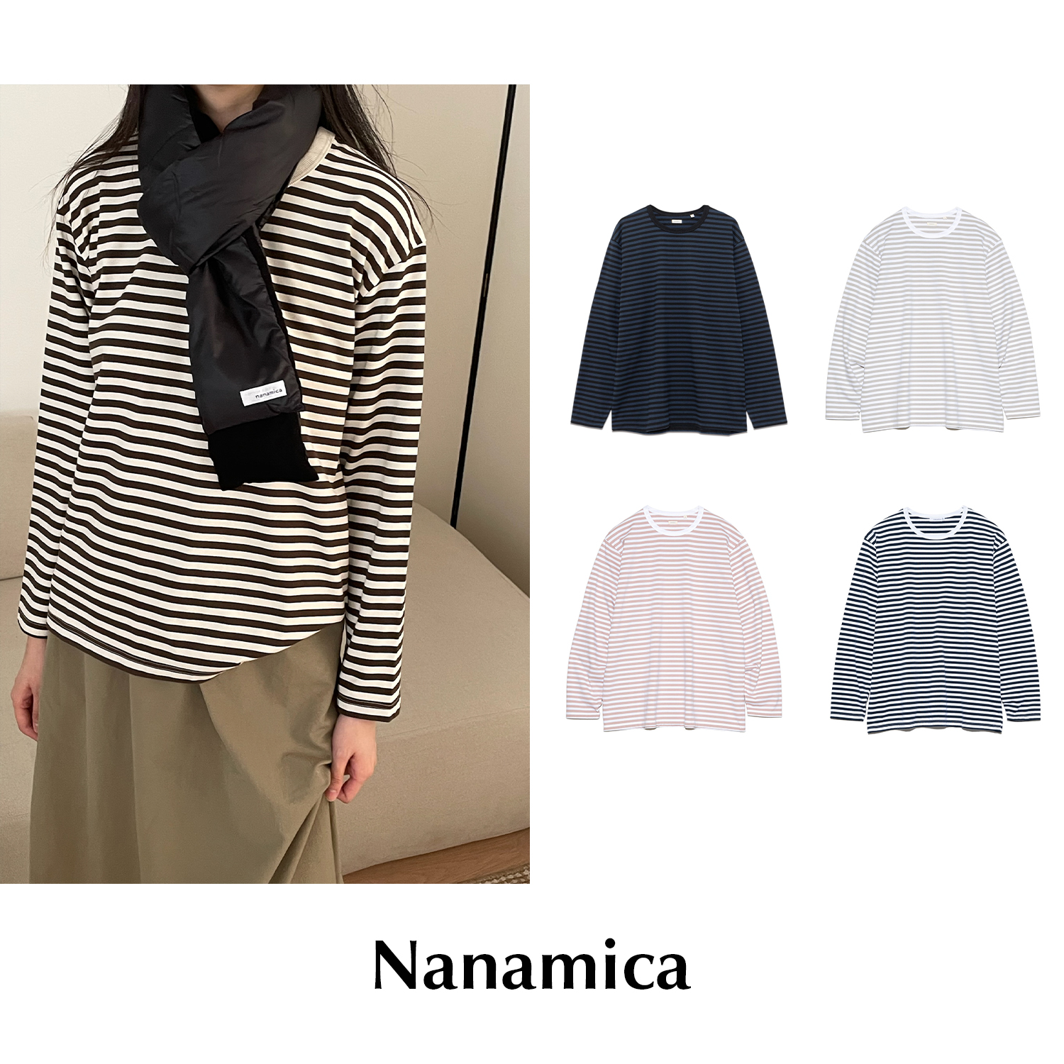 CETTCE 现货 Nanamica 有机棉混纺圆领条纹拼色长袖T恤上衣