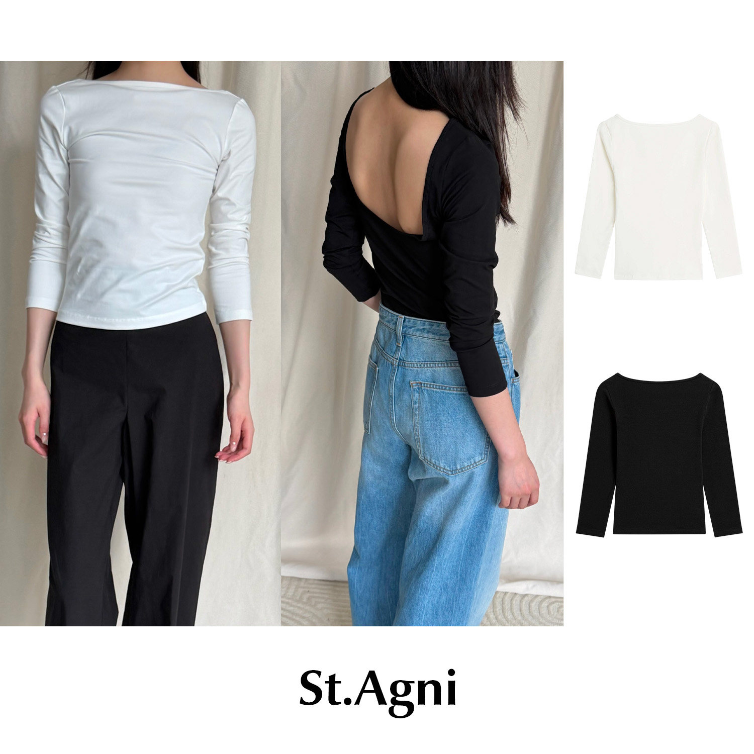 CETTCE 现货 ST.AGNI 船领露背针织七分袖T恤打底衫修身芭蕾上衣