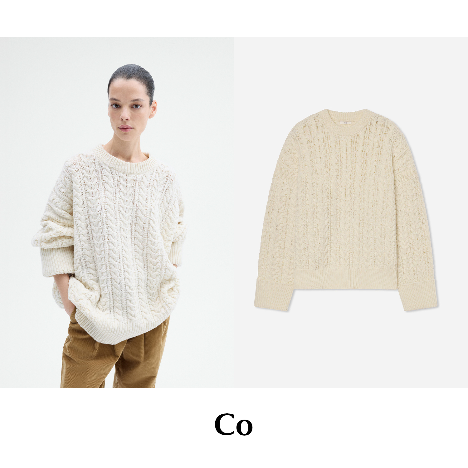 CETTCE 现货 Co 纯色初剪羊毛圆领落肩绞花罗纹毛衣针织衫上衣