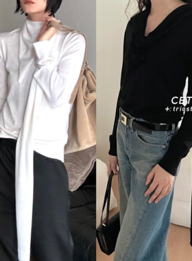 【SALE】CETTCE 现货 Toteme V领修身垂褶羊毛围巾飘带针织衫