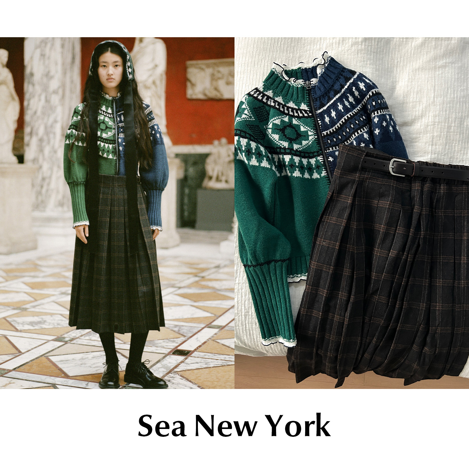 CETTCE 现货 Sea New York 费尔岛拼接羊毛开衫格纹腰带百褶半裙