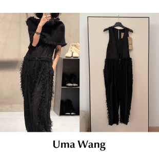 现货 圆领连体裤 Uma 黑色毛须边拼接暗纹无袖 Wang CETTCE