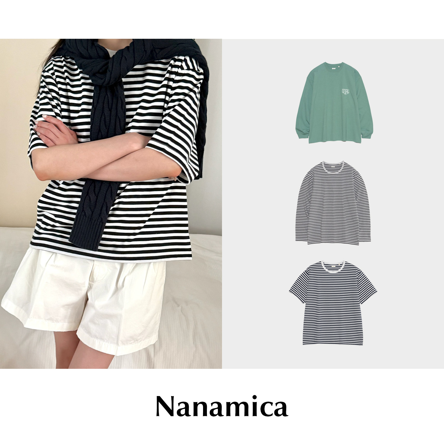 【SALE】CETTCE 现货 Nanamica 棉混纺针织条纹圆领长袖短袖T恤图片
