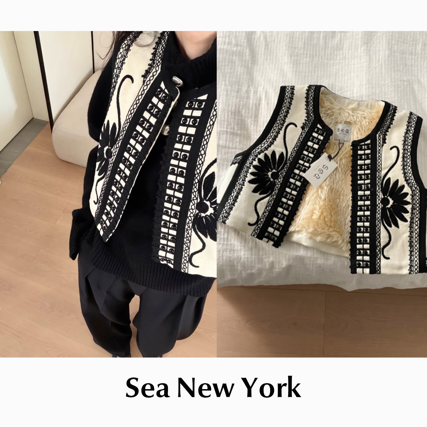 【SALE】CETTCE 现货 Sea New york 刺绣拼色毛内里短款马甲