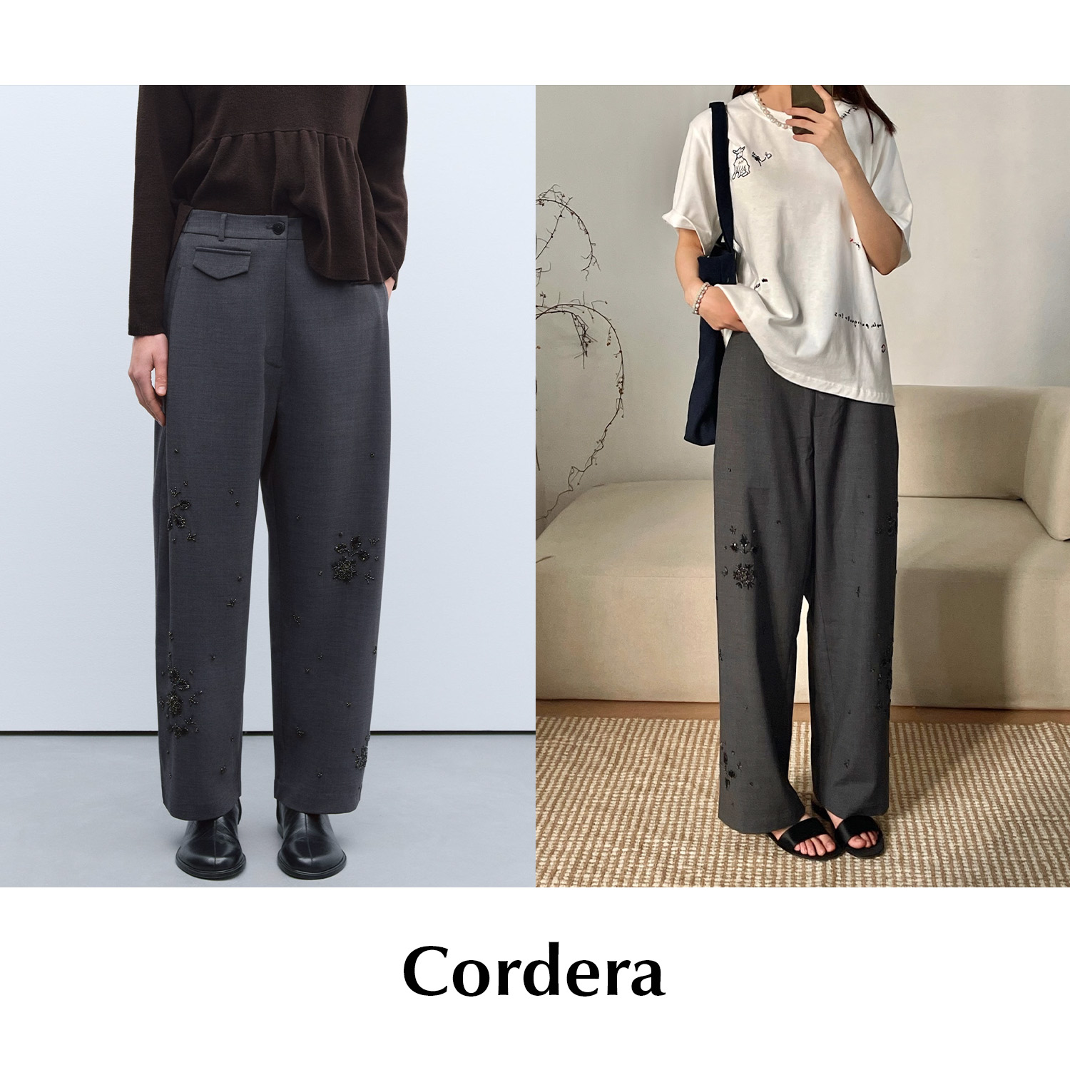 CETTCE 现货 Cordera 不规则珠片绣花灰色修身直筒阔腿西装长裤