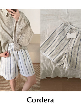 CETTCE 现货 Cordera 亚麻混纺条纹蕾丝边宽松短裤休闲裤