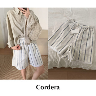 CETTCE 现货 Cordera 亚麻混纺条纹蕾丝边宽松短裤休闲裤