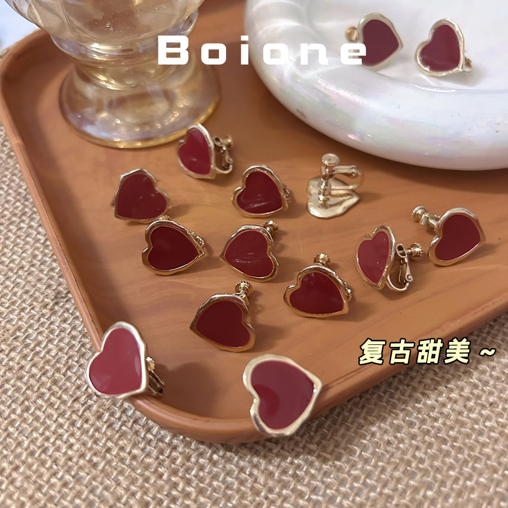 超绝气质甜美显白酒红爱心耳夹