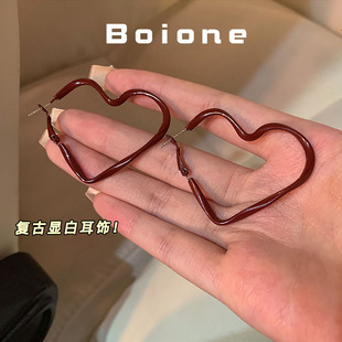 boione复古酒红色大爱心耳环甜酷辣妹方圆脸显白海南度假港风耳饰