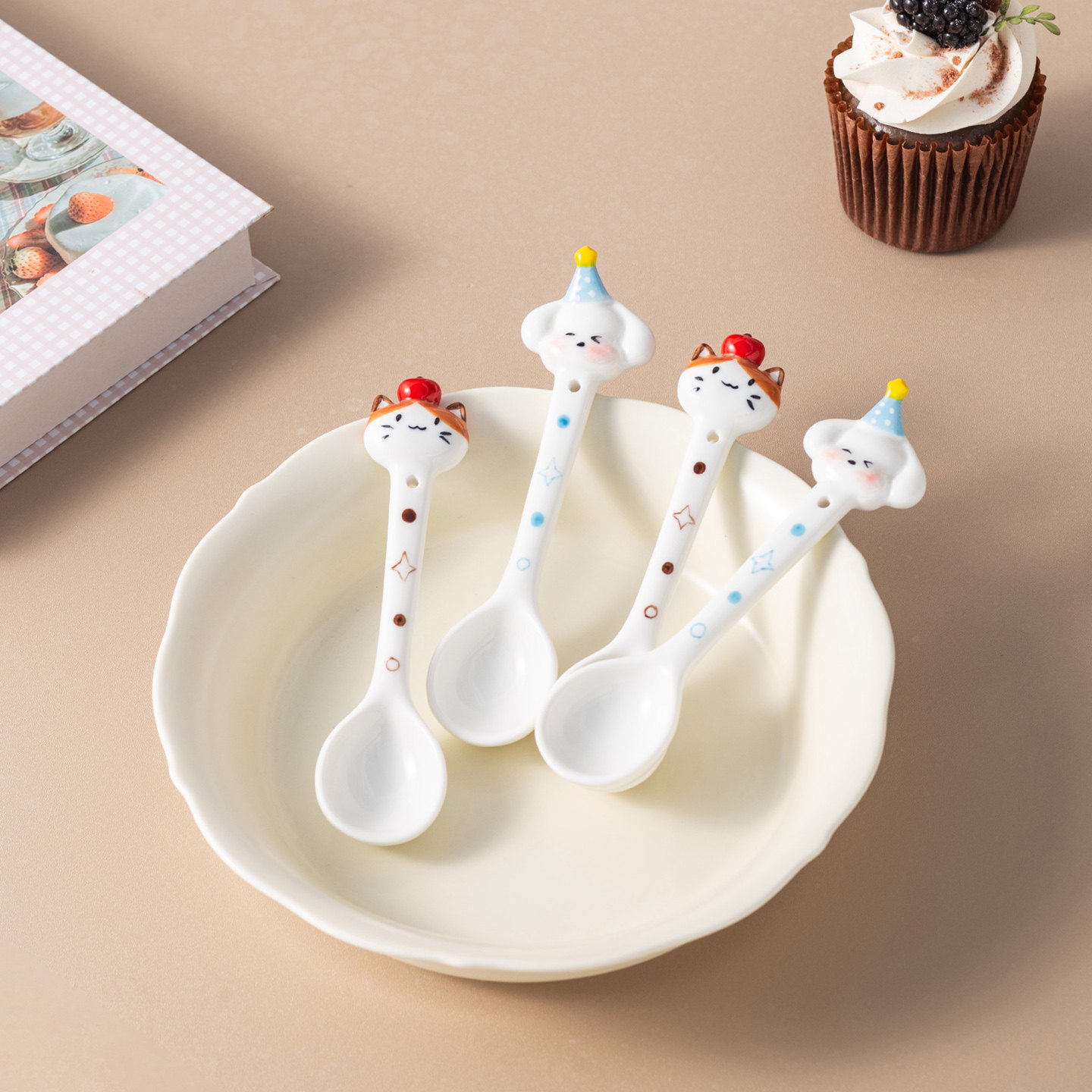 釉下彩高颜值猫狗陶瓷勺子长柄家用卡通汤勺可爱调羹小汤勺甜品勺