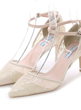 日系ILIMA新品复古蕾丝浅口一字式扣带尖头细跟高跟鞋单鞋女鞋