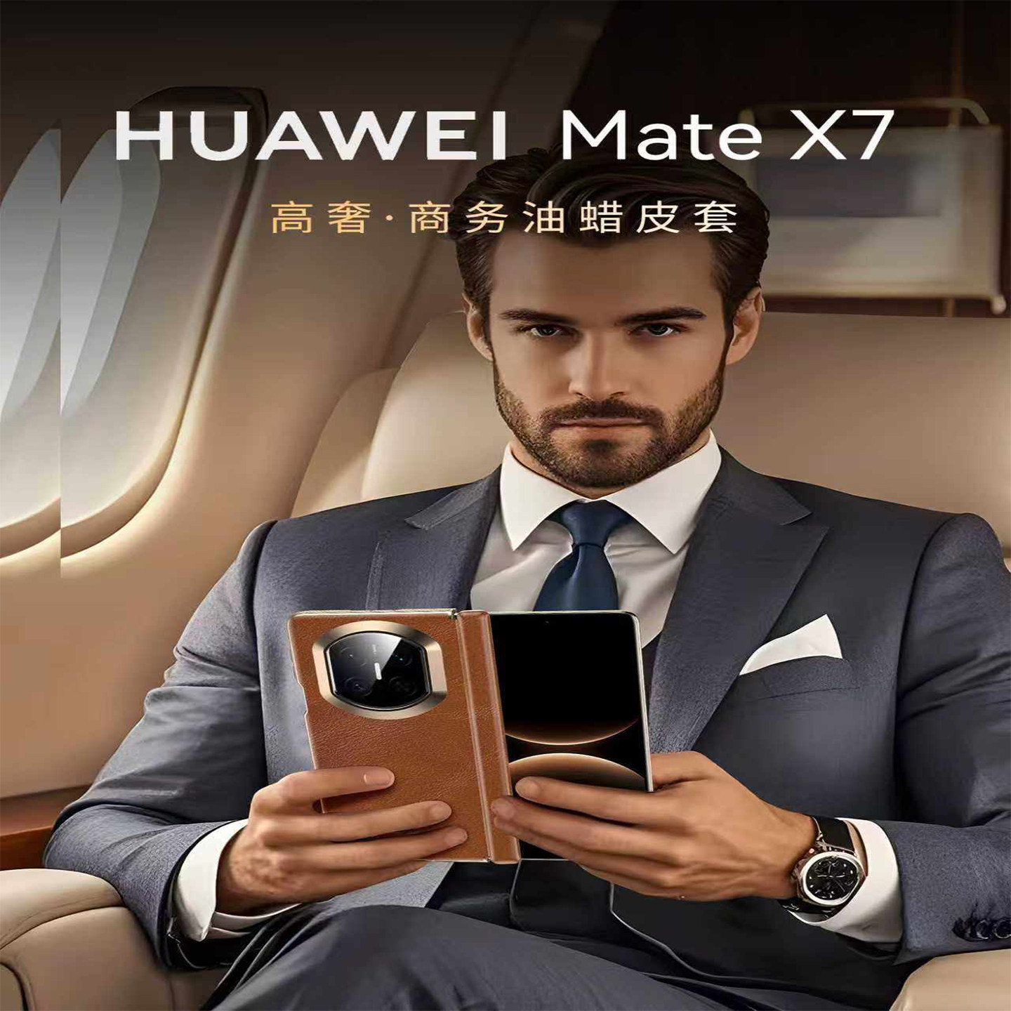 W4箱体式全包【高奢油蜡皮】适用于华为matex7手机壳新款matex7典藏版华为x7防摔磁吸中轴全包商务保护壳男士