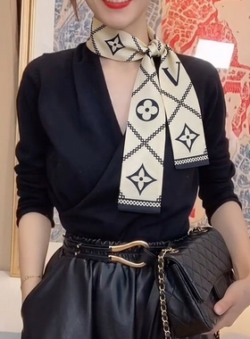 棋盘格子长条小丝巾四季薄款装饰
