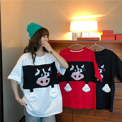 Guantu cotton 2021 Japanese and Korean mid long design cute age reducing printed short sleeve T-shirt