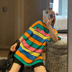 Guantu cotton 2021 new Rainbow Stripe T-shirt short sleeve semi loose large round neck