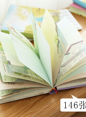 包邮 手绘彩页插画加厚精装本子 小清新彩色日记手帐本笔记本文具