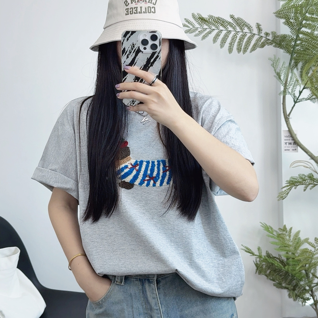 藏蓝色小狗刺绣正肩短袖t恤女夏夏季2025新款小个子宽松半袖上衣