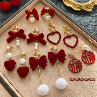 红色植绒蝴蝶结耳夹女秋冬复古耳环无耳洞高级感气质小众设计耳饰