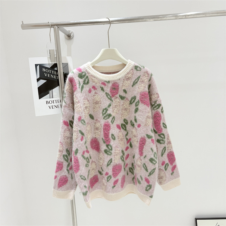 韩国订单秋冬新款圆领个性毛巾绣刺绣羊毛拉绒针织毛衣套头女