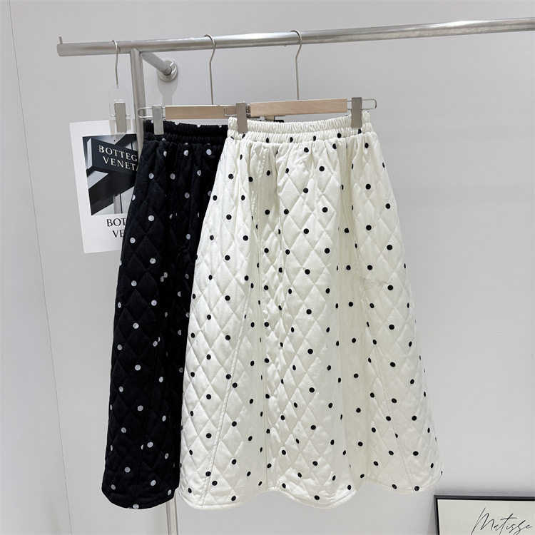韩国订单冬装新款松紧腰菱形波点灯芯绒夹棉侧口袋半身裙A字裙女