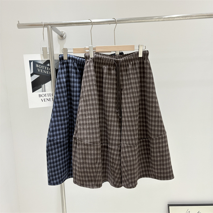 韩国订单秋冬新款宽松慵懒风格子阔腿裤休闲裤大腿裤7分裤口袋女