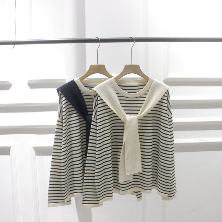 韩国订秋冬新款圆领宽松条纹假两件披肩羊毛混纺针织衫毛衣套头