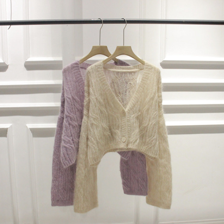 韩国秋装新款V领宽松单排扣麻花个性长袖针织衫毛衣外套开衫女
