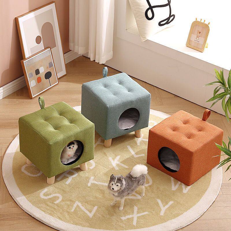 猫窝四季通用半封闭式安全感凳子窝人猫共用实木冬季保暖宠物用品
