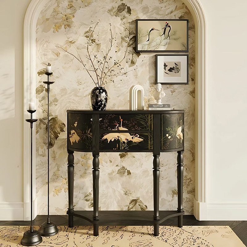 中古风实木艺术玄关柜半圆形仙鹤彩绘储物柜门厅装饰柜定制