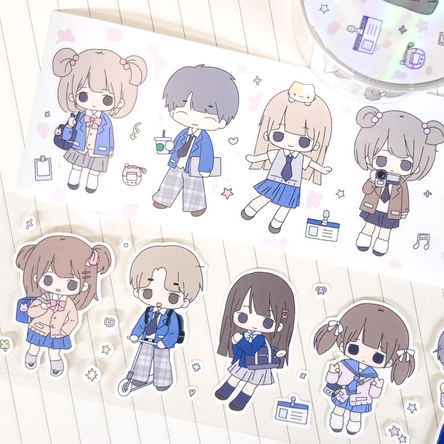 草莓烟·校园日记 原创贴纸卷 人物少女制服切模胶带手帐