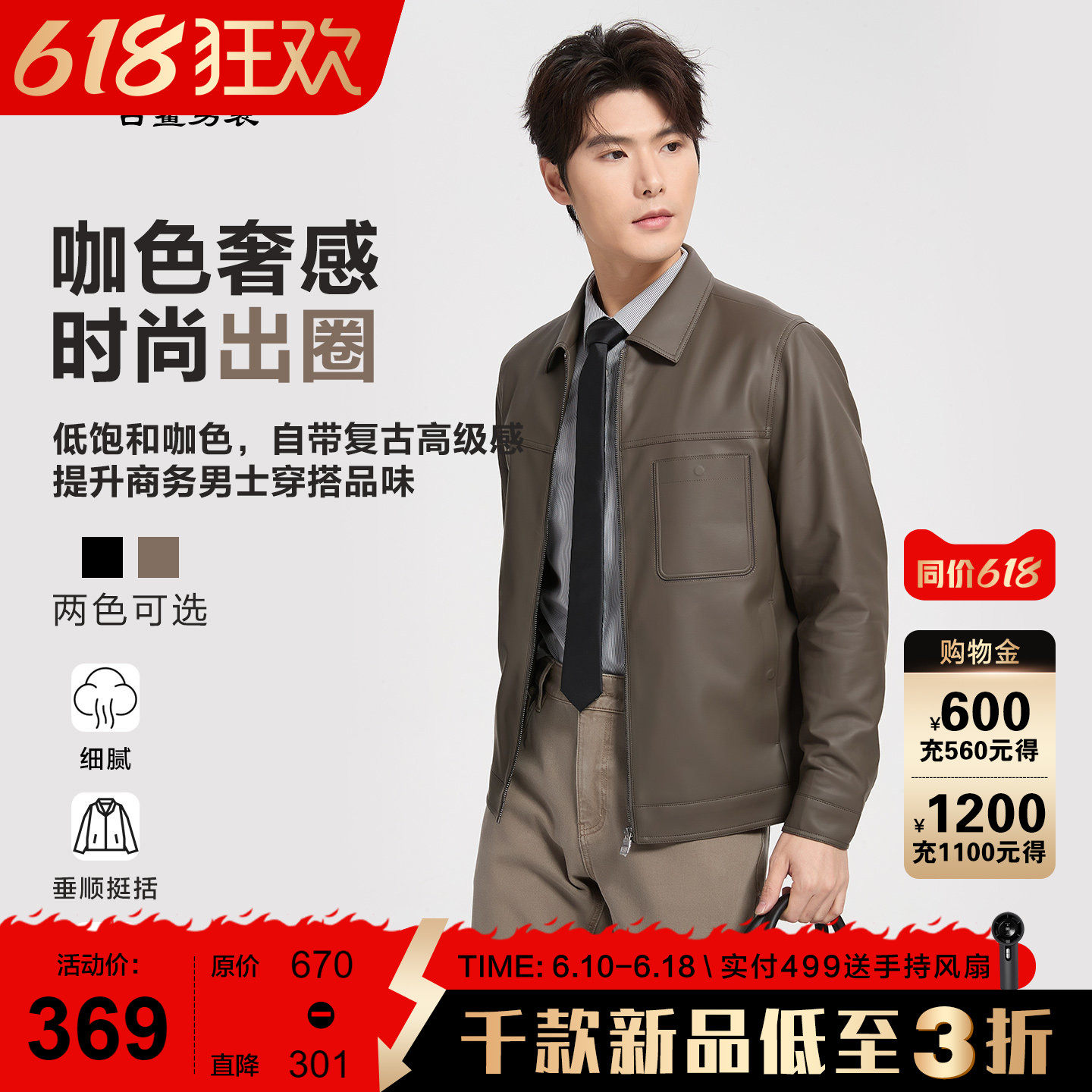 古鲨咖色翻领皮衣男商务PU皮