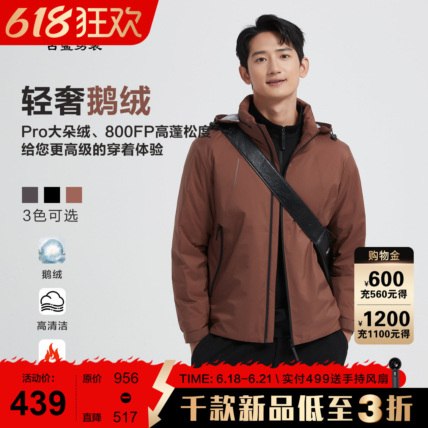古鲨红色鹅绒连帽可收羽绒服男