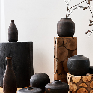 侘寂风实木碳化花瓶装饰摆件日式风民宿客厅玄关禅意插花器摆设