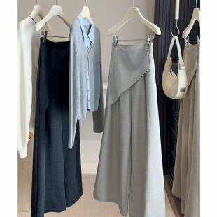 小众设计感不规则假两件屁帘西装阔腿裤女春新款宽松直筒休闲裤潮