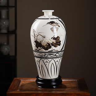 磁州窑瓷器中式花瓶手绘花鸟梅瓶河北邯郸产工艺品瓷瓶手工拉坯