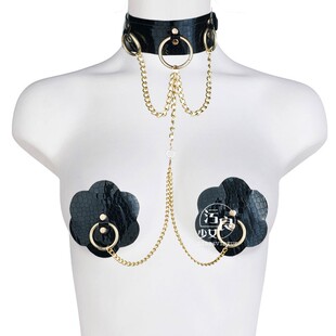 项圈铁环连胸贴蛇纹亮面皮情趣金属链条流苏花朵胸链性感舞娘胸饰