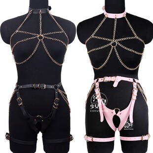 PU皮革脖环挂脖金属链条露胸情趣制服套装流苏束腰绳带捆绑铁环衣