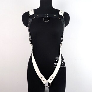 黑白撞色PU皮革连体衣铁环性感情趣束缚绳衣夜店捆绑背带猛男舞男