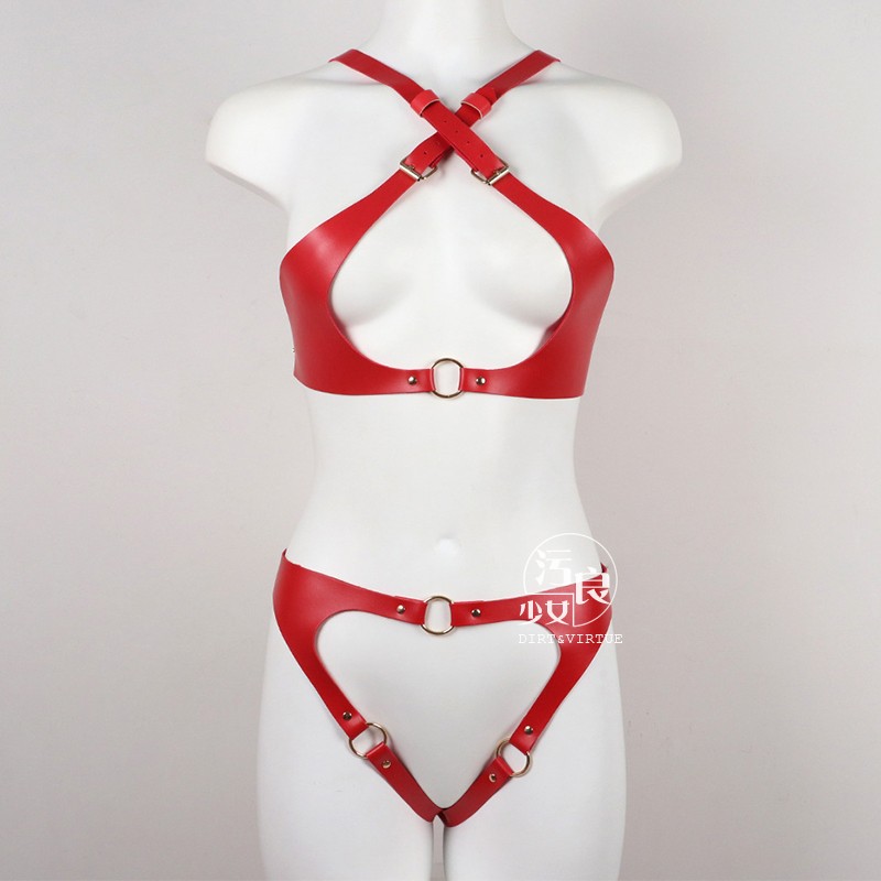 交叉勒胸小胸贫胸衣分体皮革套装