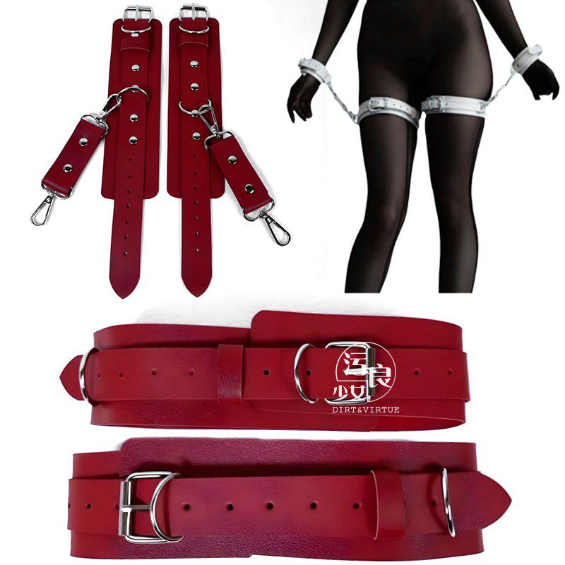 大腿根捆腿环手铐轻奢酒红皮革腿圈束缚绳衣含手腕铐腿带PU皮夜店