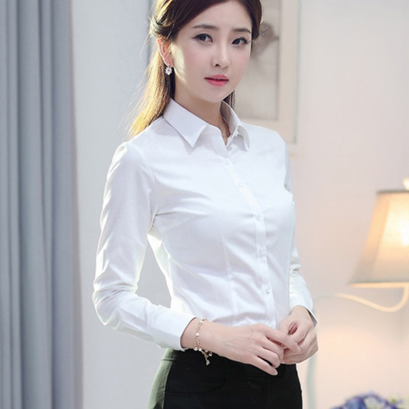 2022年白色衬衫女长袖春抗皱修身纯棉打底衬衣职业装正装工作服_虎窝淘