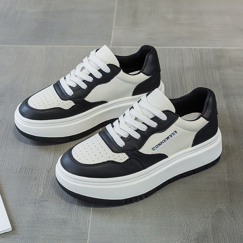 香港平底休闲板鞋女春秋季熊猫色系带百搭增高真皮厚底学生小白鞋