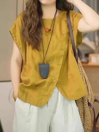 Irregular Asymmetrical Linen Short-Sleeve Shirt for Women, Summer Loose Fit, Plus Size, Slimming, Casual Cotton-Linen Top