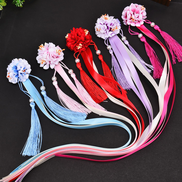 古风中国风娟花布艺花朵带芯雏菊飘带流苏发夹汉服发饰发卡