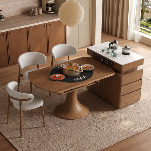 2026年实木餐桌椅多功能家用可折叠内嵌电磁炉暖菜板加岛台