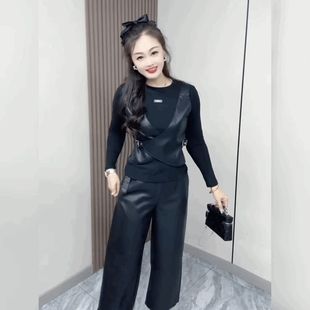 T恤女 黑色圆领上衣pu皮拼接背心假两件长袖 修身 显瘦设计感打底衫