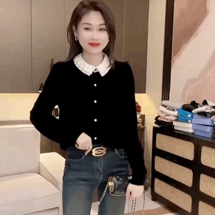 法式名媛小香风金丝绒衬衫黑色上衣女荷叶领设计感单排扣外套小衫