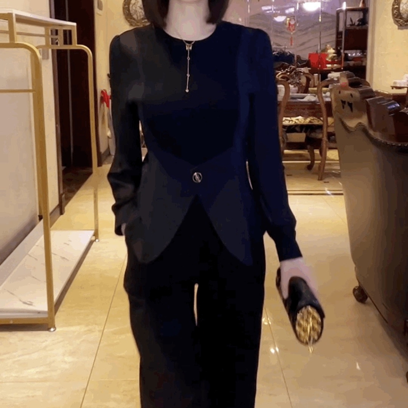 法式灯笼袖T恤衬衫女波点圆领黑色上衣气质修身马甲假两件打底衫